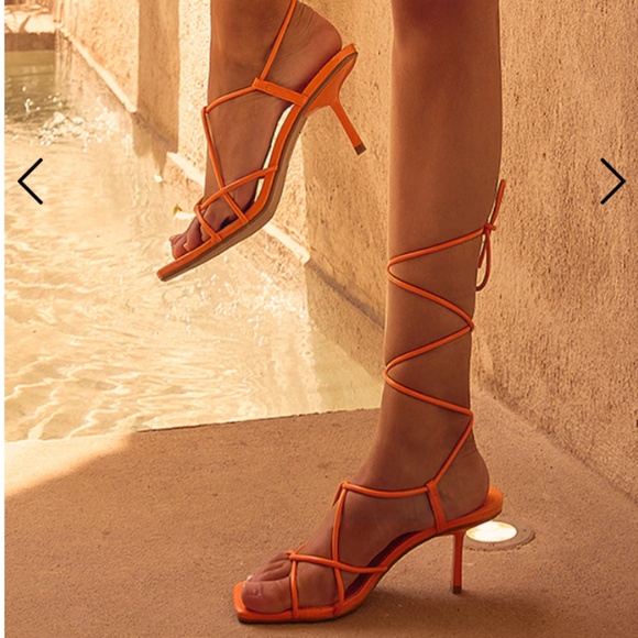 Orange PU Square Knot Detail Toe Thong Lace Up High Heeled Sandals - Picture 4 of 4